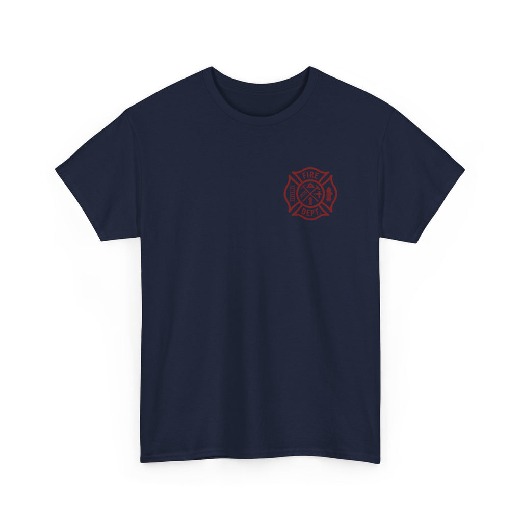 Firefighter Maltese Cross T-Shirt — American Flag Flames Back Graphic