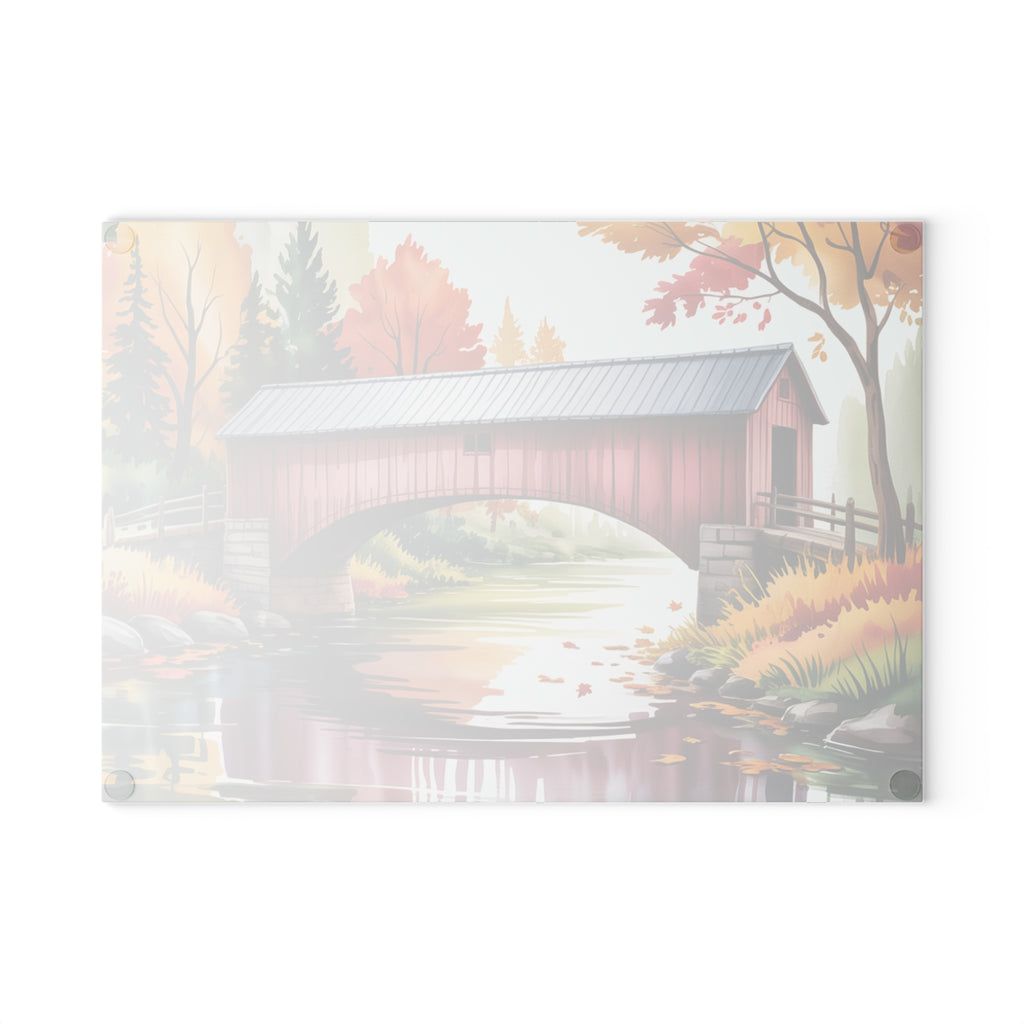 Covered Bridge Autumn Scene Glass Cutting Board | Fall Landscape