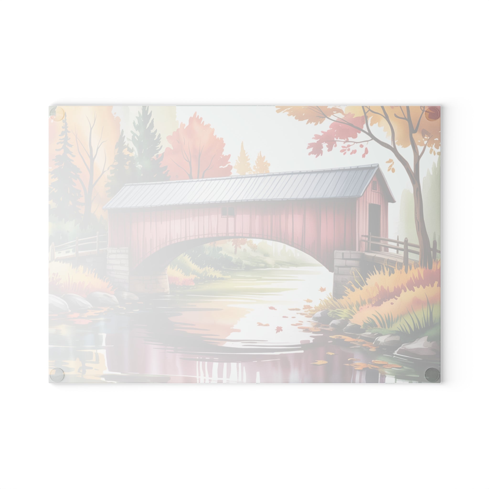 Covered Bridge Autumn Scene Glass Cutting Board | Fall Landscape