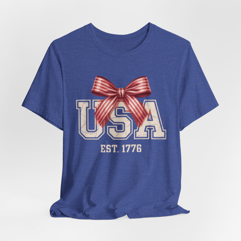 USA EST 1776 bow Fourth of July graphic Tee | Patriotic Fourth of July shirt