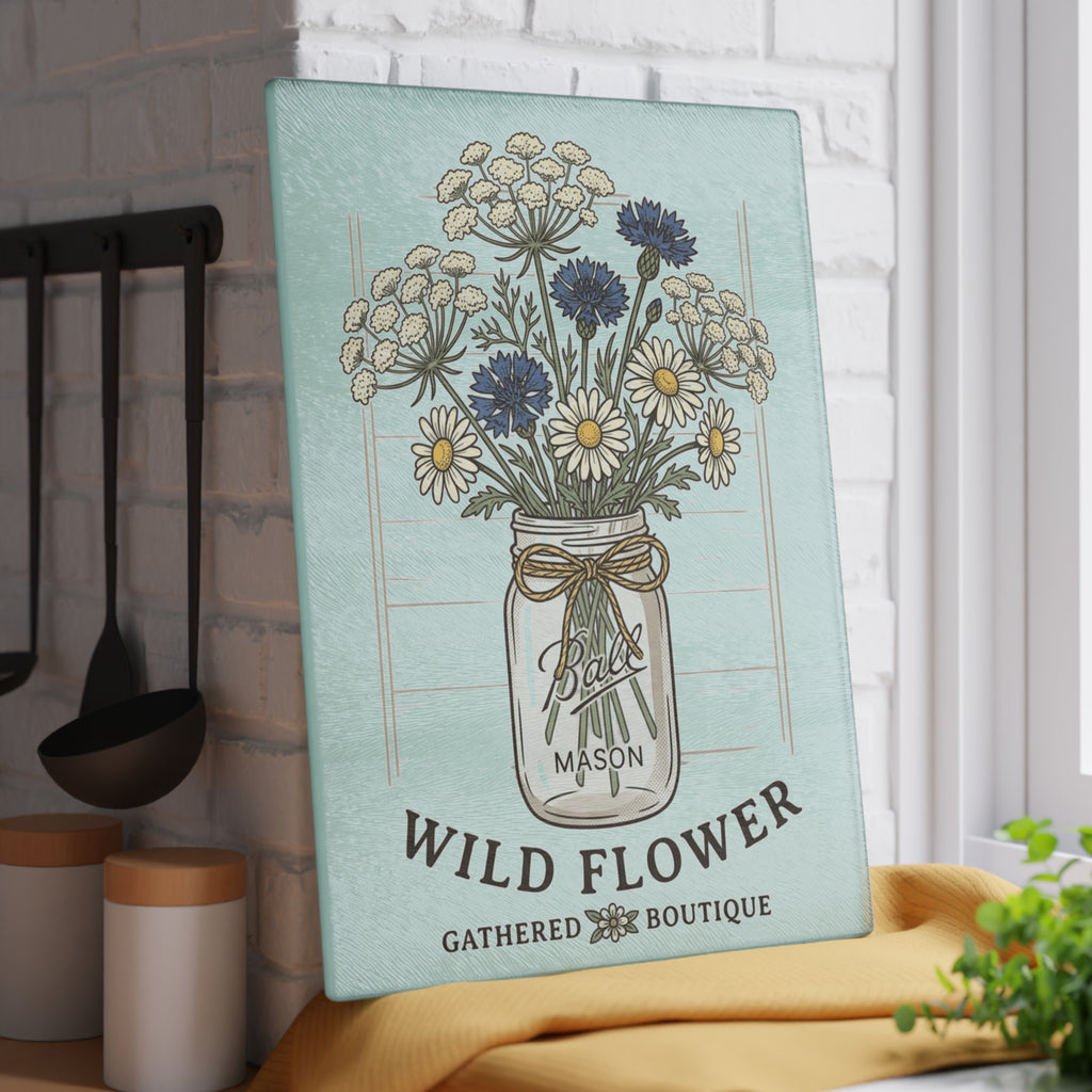 Wild Flower Mason Jar Bouquet Rustic Glass Cutting Board | Floral Kitchen Decor