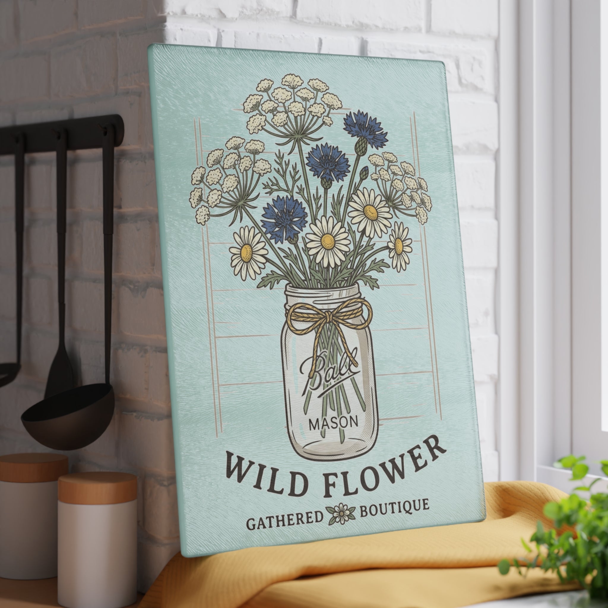 Wild Flower Mason Jar Bouquet Rustic Glass Cutting Board | Floral Kitchen Decor