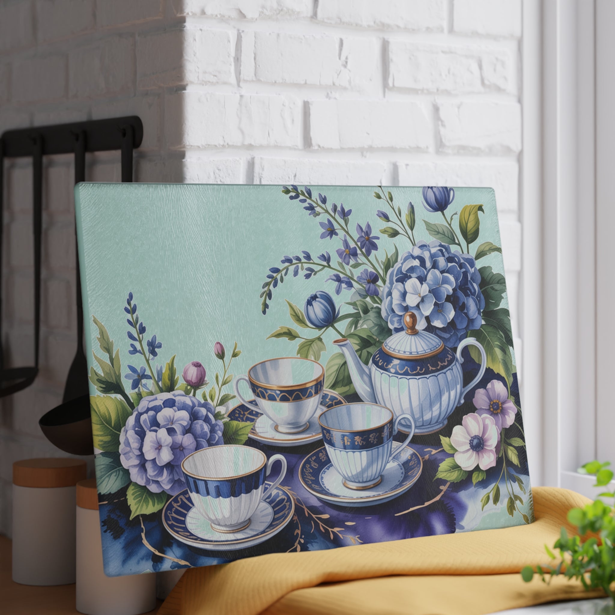 Vintage Blue Tea Set Glass Cutting Board | Floral Hydrangea Teacups