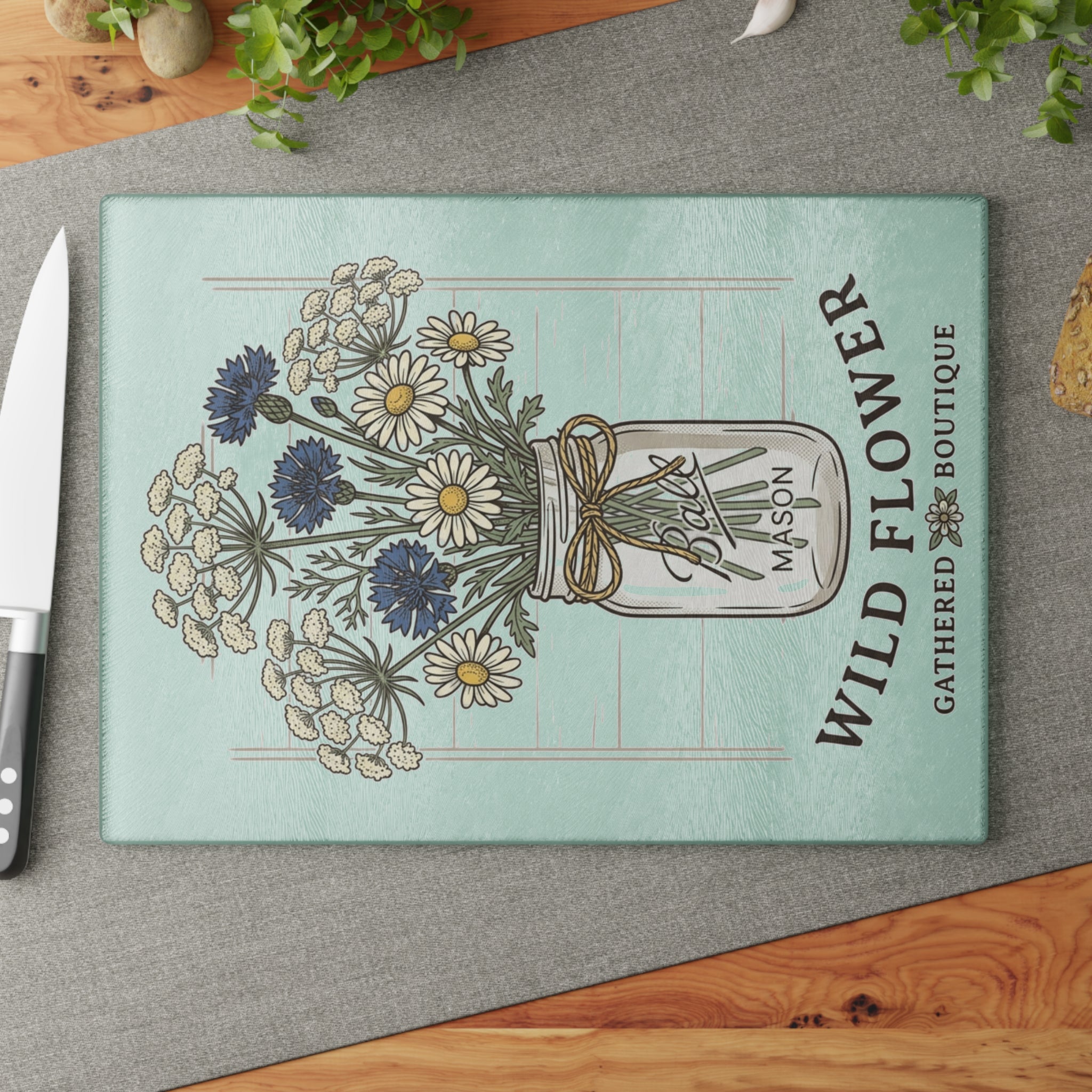 Wild Flower Mason Jar Bouquet Rustic Glass Cutting Board | Floral Kitchen Decor