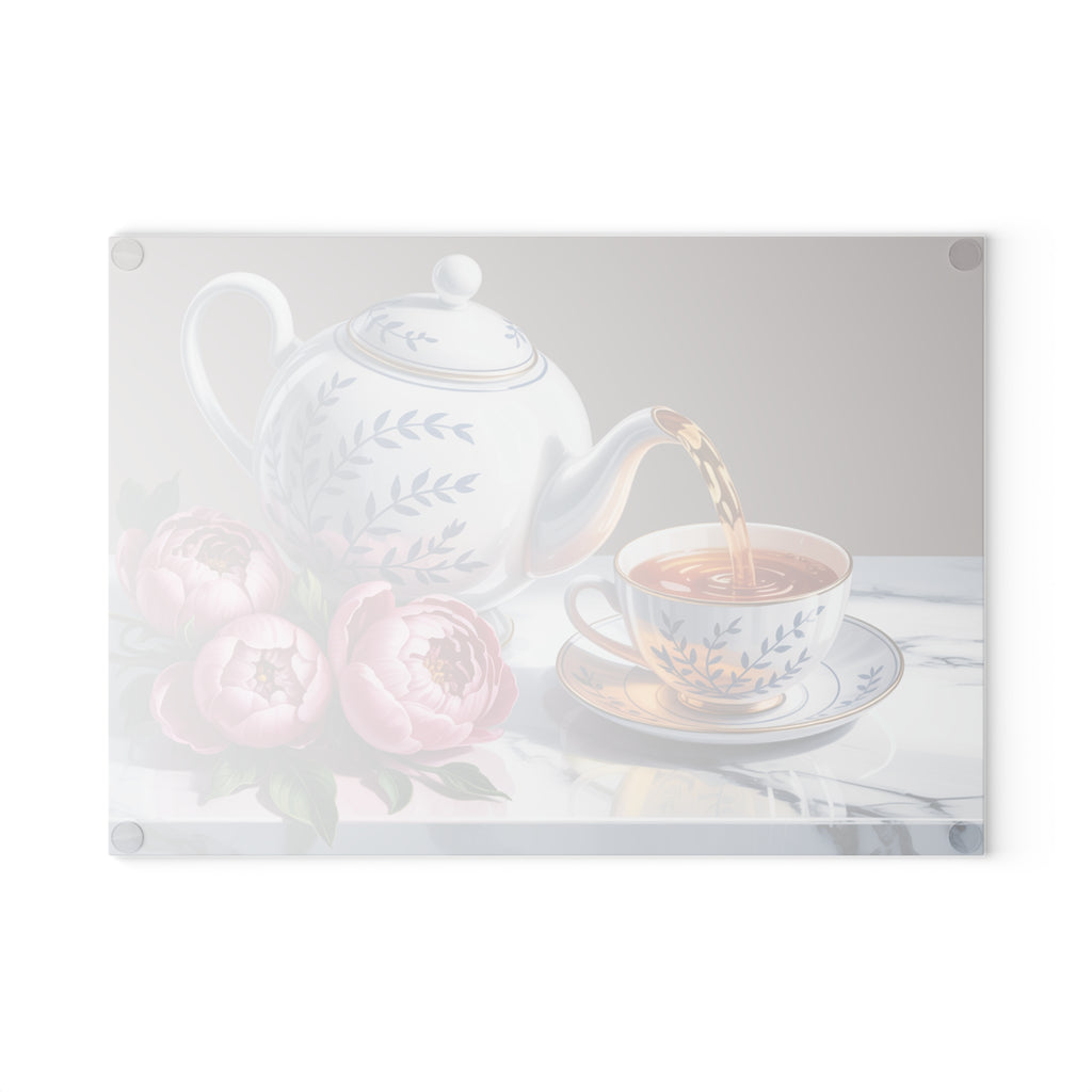 Teapot and Peonies Glass Cutting Board | Floral Tea Still Life