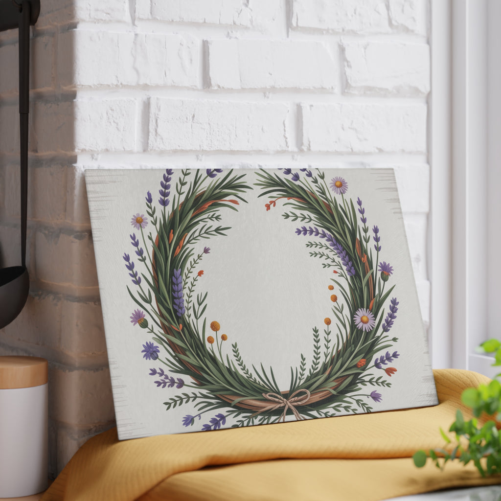 Lavender Wildflower Wreath Glass Cutting Board | Botanical Kitchen Decor