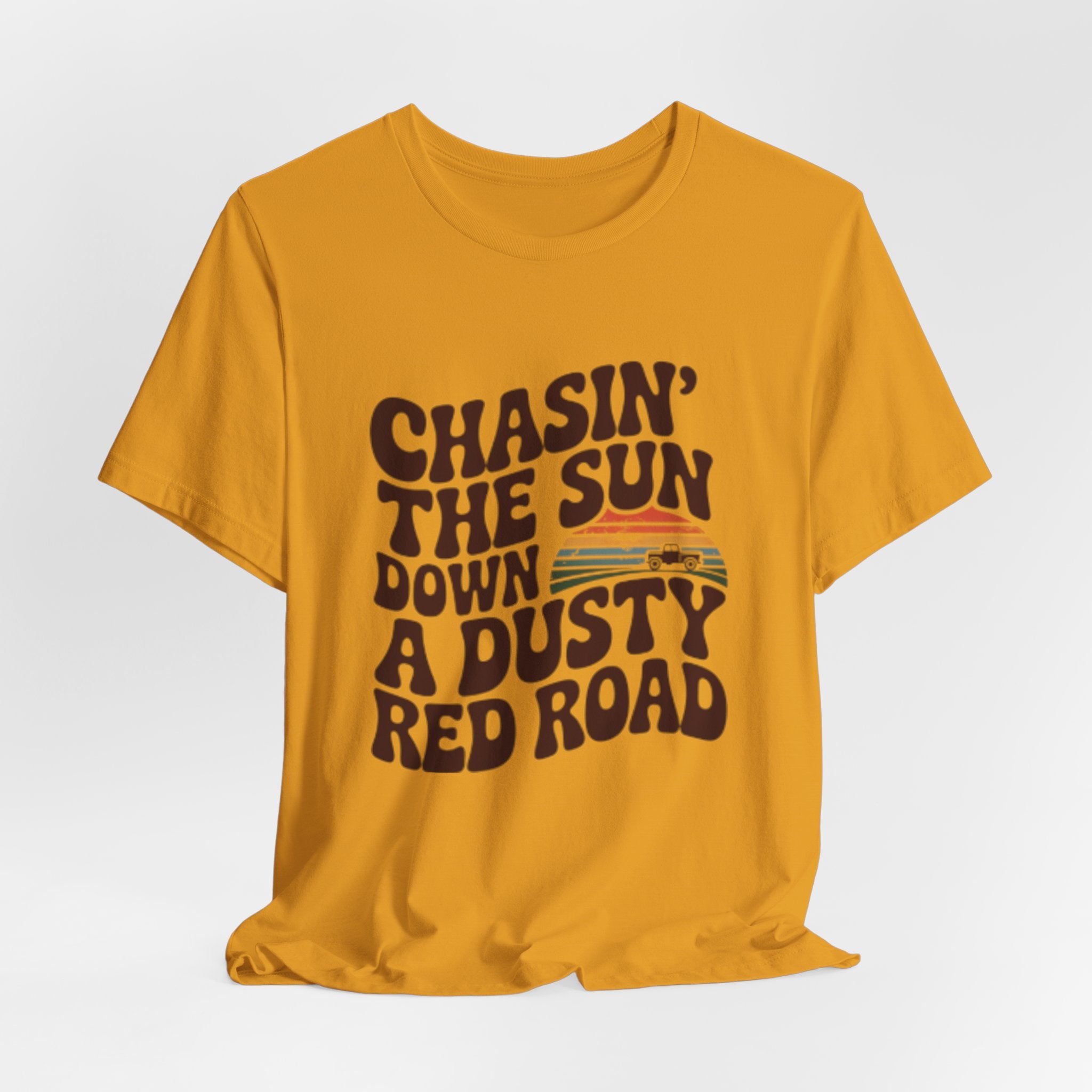 Retro 'Chasin' The Sun' Graphic Tee — Dusty Red Road Vintage Sunset T-Shirt