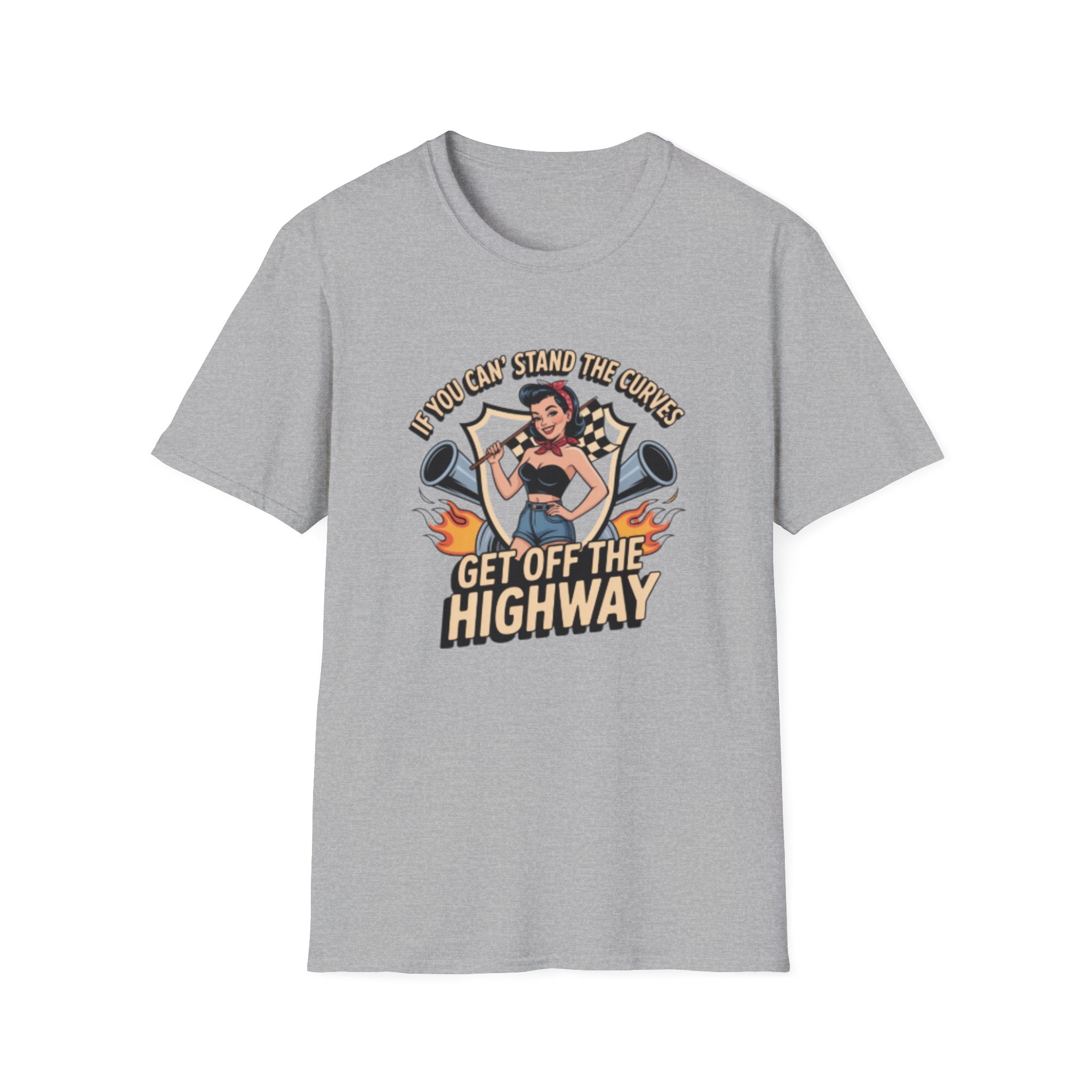 T-Shirt — “If You Can Stand the Curves, Get Off the Highway” Pin-Up Racing Tee