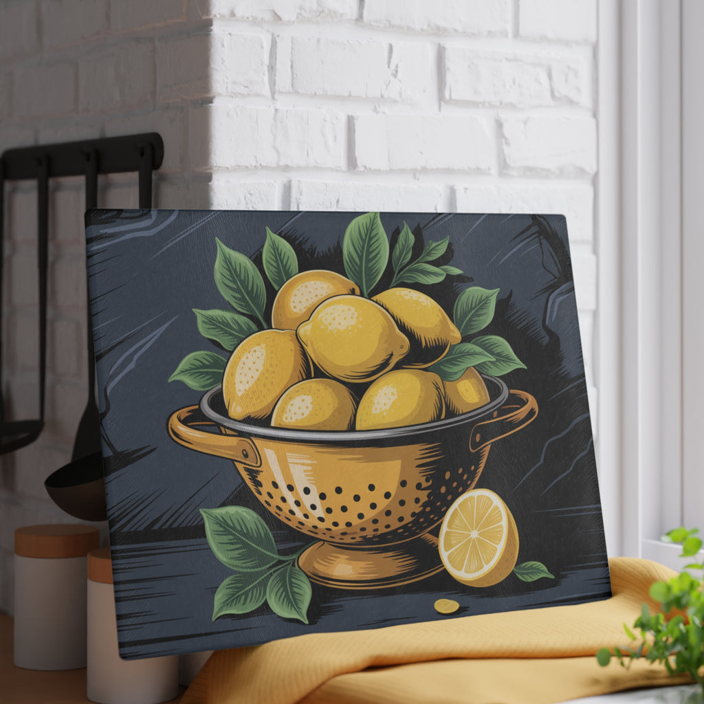 Lemon Colander Illustration Glass Cutting Board | Citrus Kitchen Decor