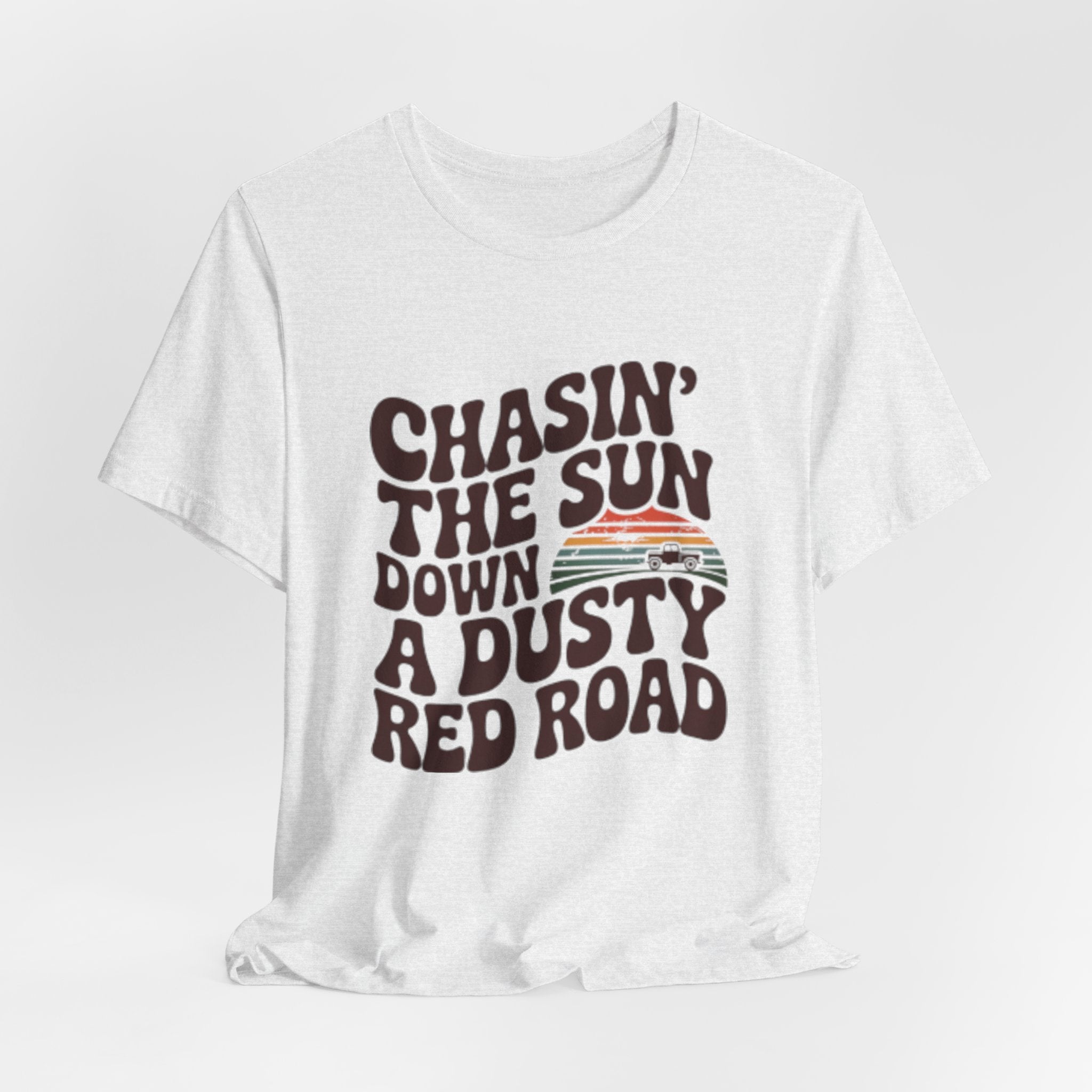 Retro 'Chasin' The Sun' Graphic Tee — Dusty Red Road Vintage Sunset T-Shirt