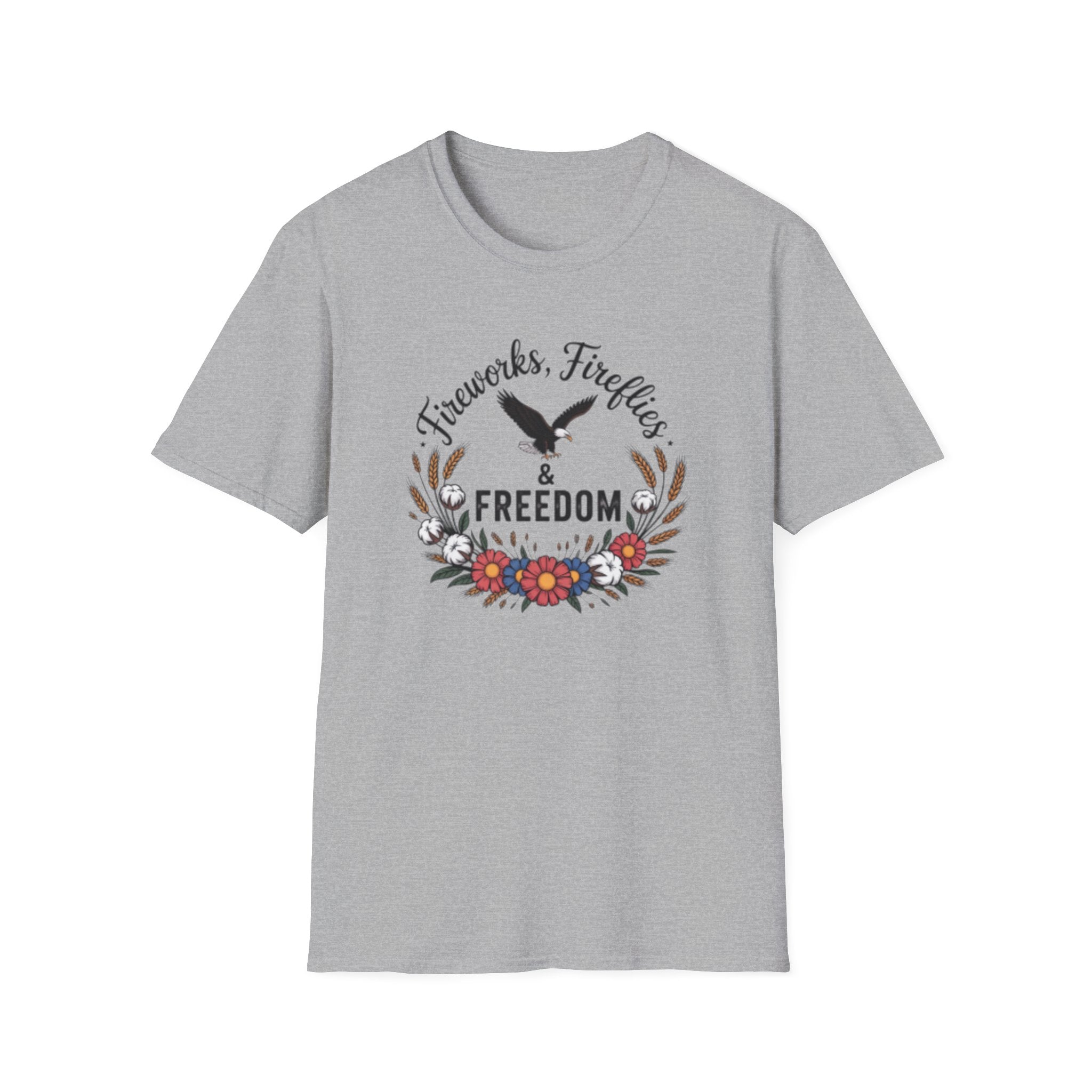 Fireworks Fireflies Freedom T-Shirt | Eagle Floral Wreath
