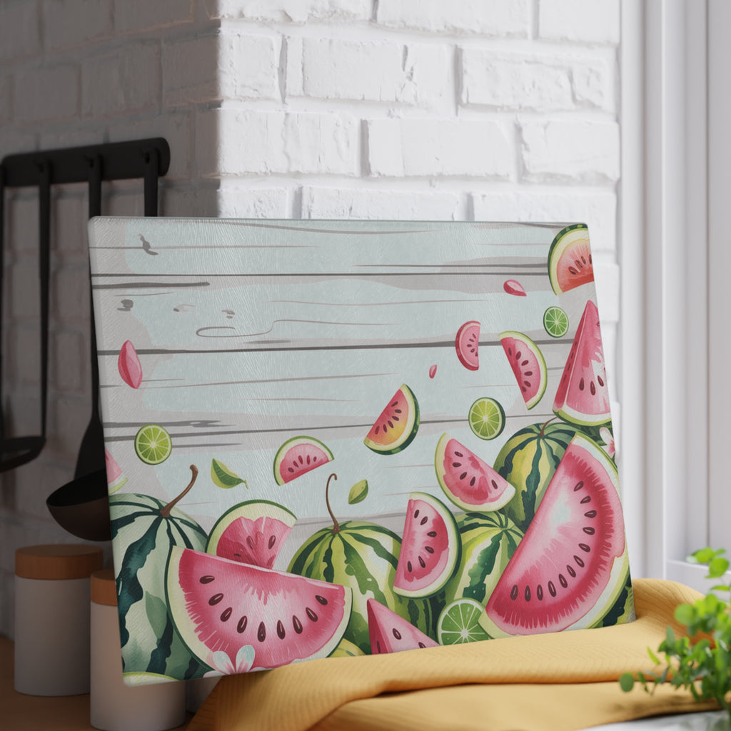 Watercolor Watermelon Glass Cutting Board | Summer Fruit Kitchen Board