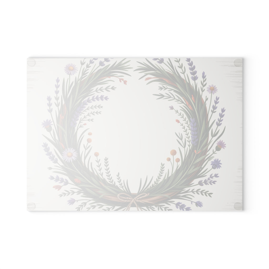 Lavender Wildflower Wreath Glass Cutting Board | Botanical Kitchen Decor