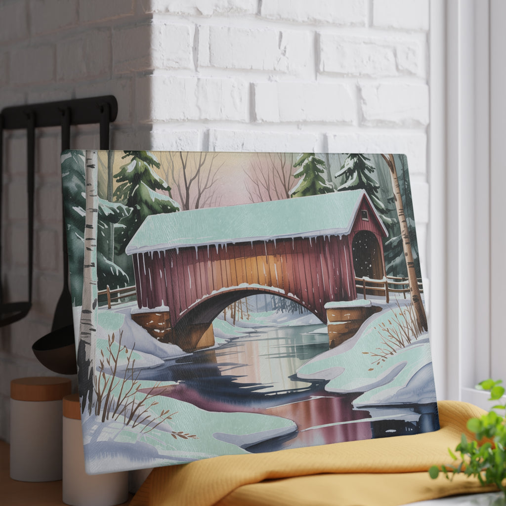 Covered Bridge Winter Scene Glass Cutting Board | Snowy Landscape