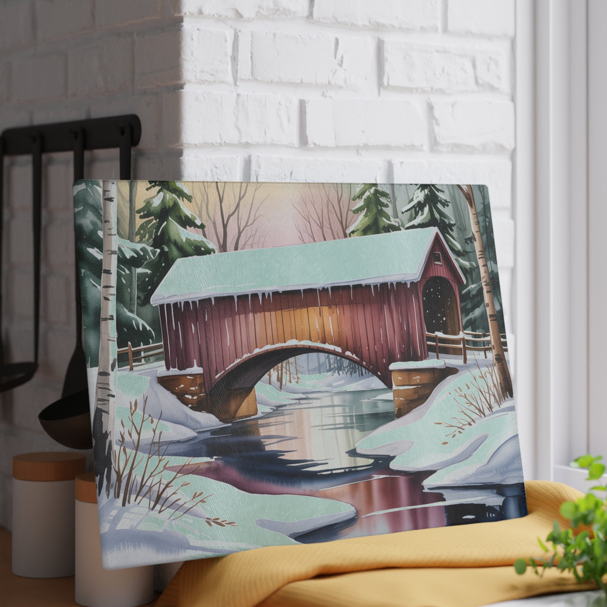 Covered Bridge Winter Scene Glass Cutting Board | Snowy Landscape