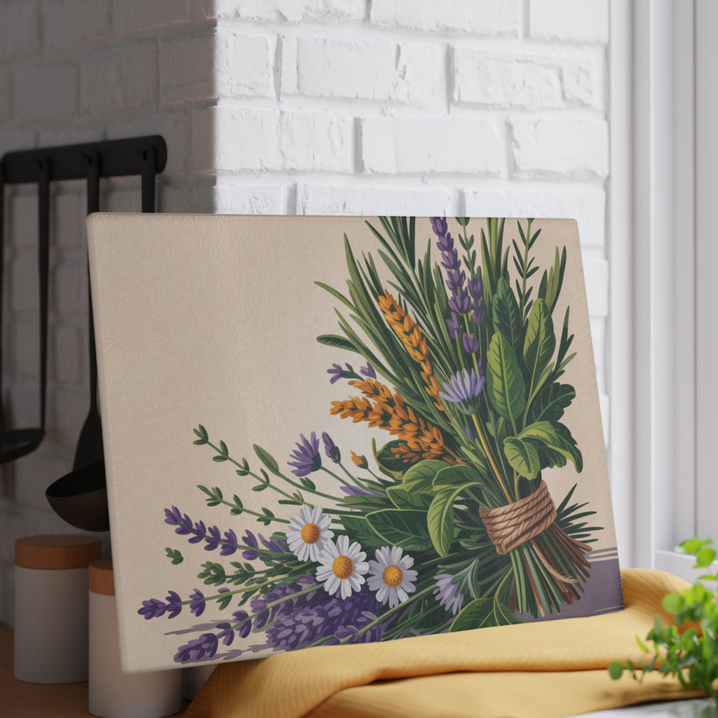 Lavender and Wildflower Bouquet Glass Cutting Board | Floral Kitchen Decor