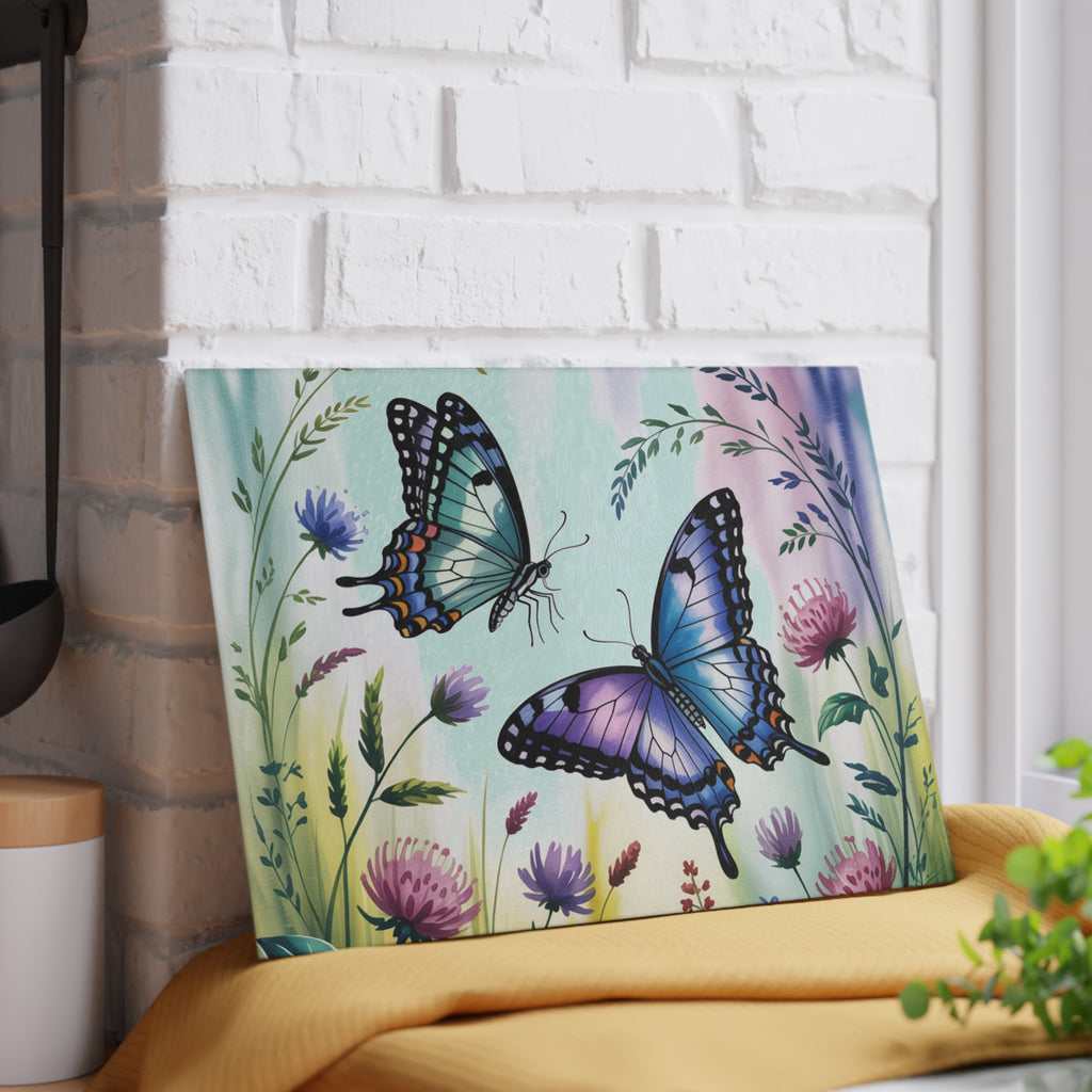 Blue Purple Butterflies Glass Cutting Board | Floral Meadow