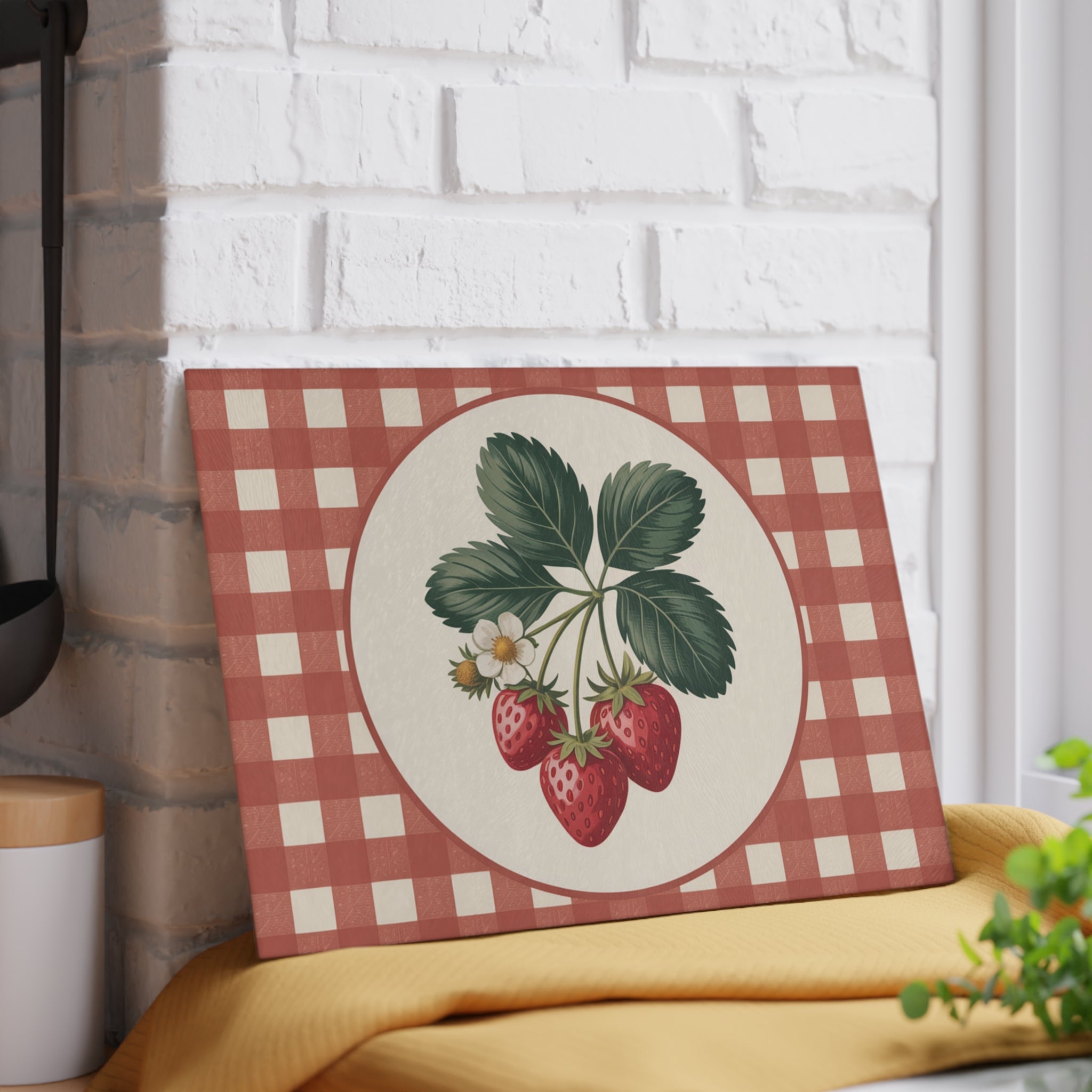 Strawberry Vintage Illustration Glass Cutting Board | Gingham