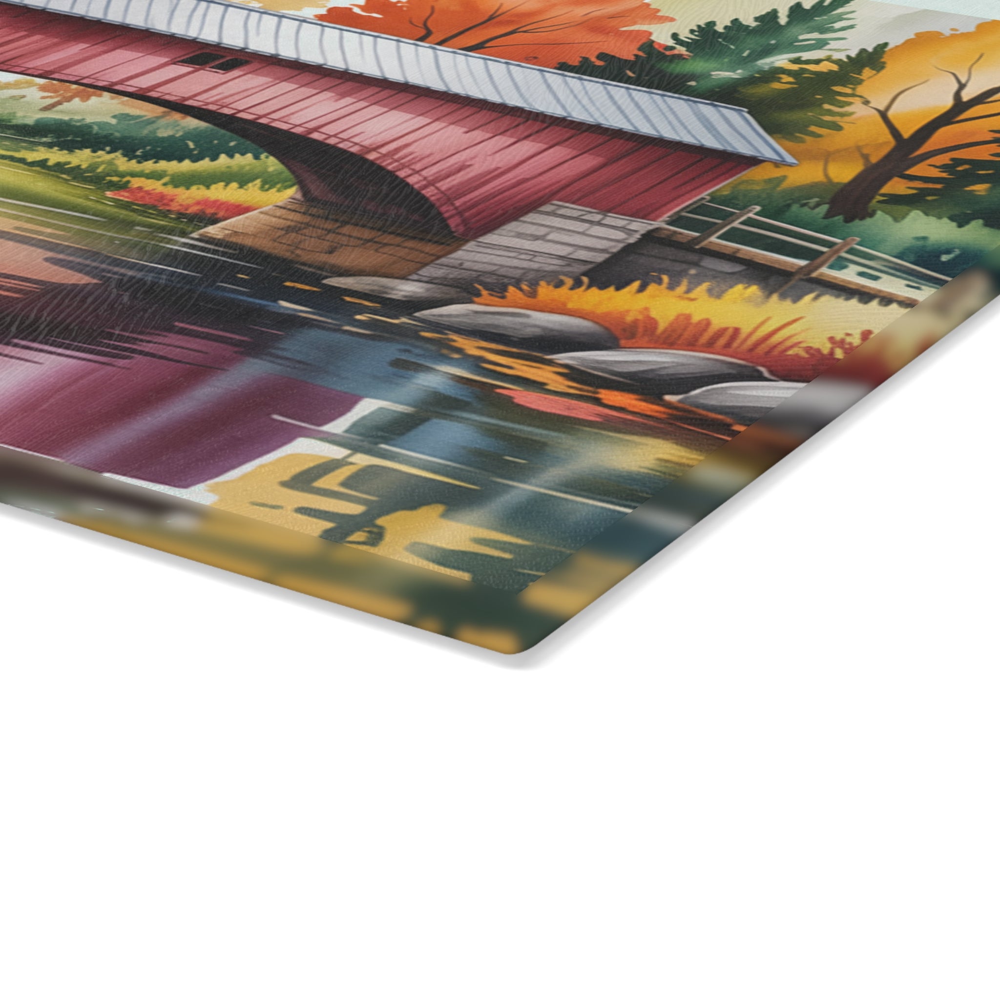 Covered Bridge Autumn Scene Glass Cutting Board | Fall Landscape
