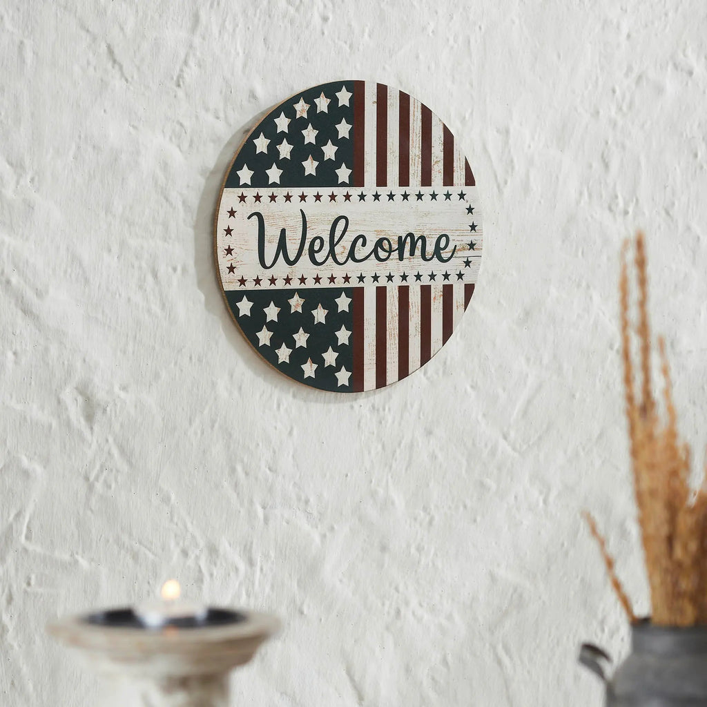 Patriotic Welcome Stars & Stripes Round Wall Hanging 11"