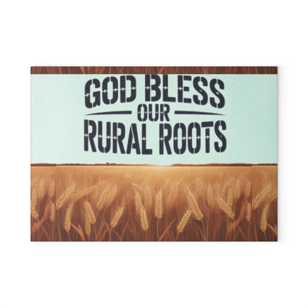 God Bless Our Rural Roots Glass Cutting Board | Farm Wheat Design