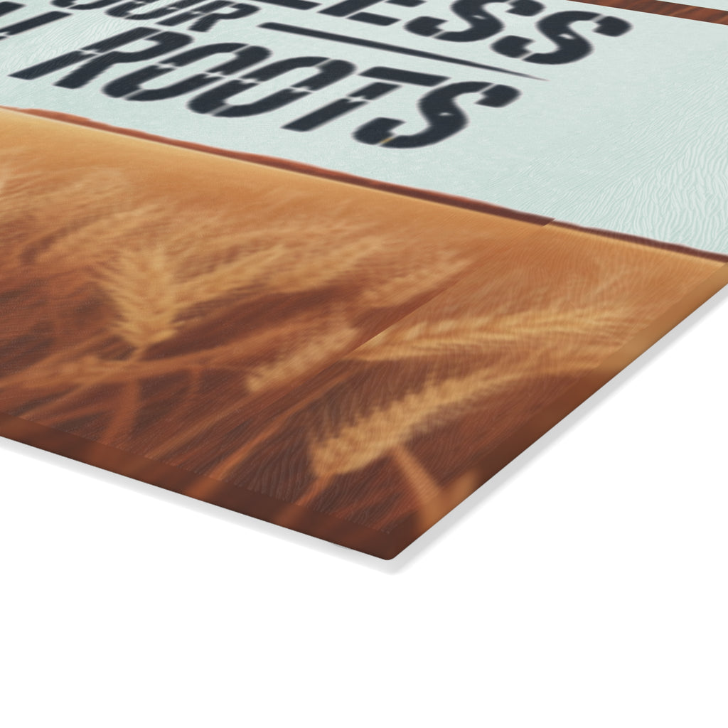 God Bless Our Rural Roots Glass Cutting Board | Farm Wheat Design