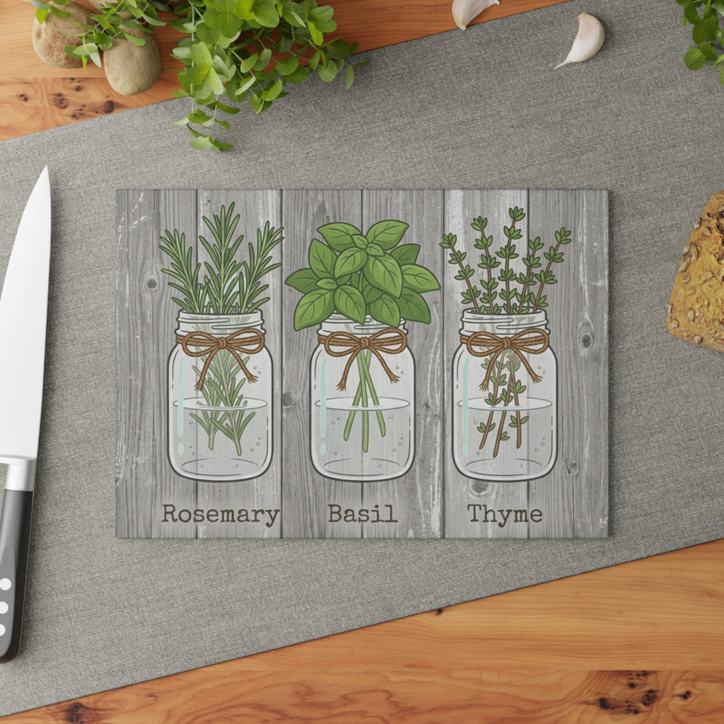 Mason Jar Herbs Rosemary Basil Thyme Glass Cutting Board | Kitchen Decor
