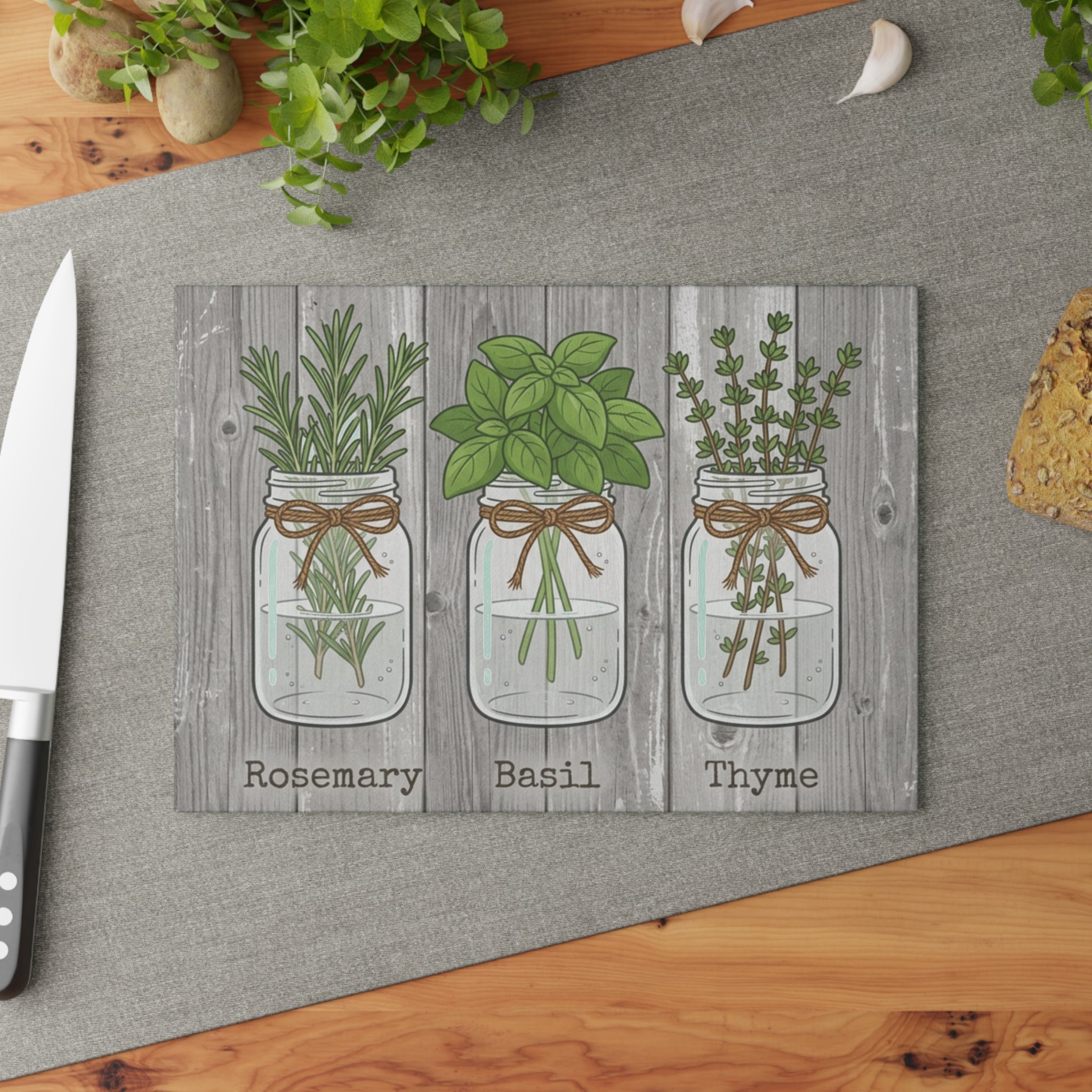 Mason Jar Herbs Rosemary Basil Thyme Glass Cutting Board | Kitchen Decor