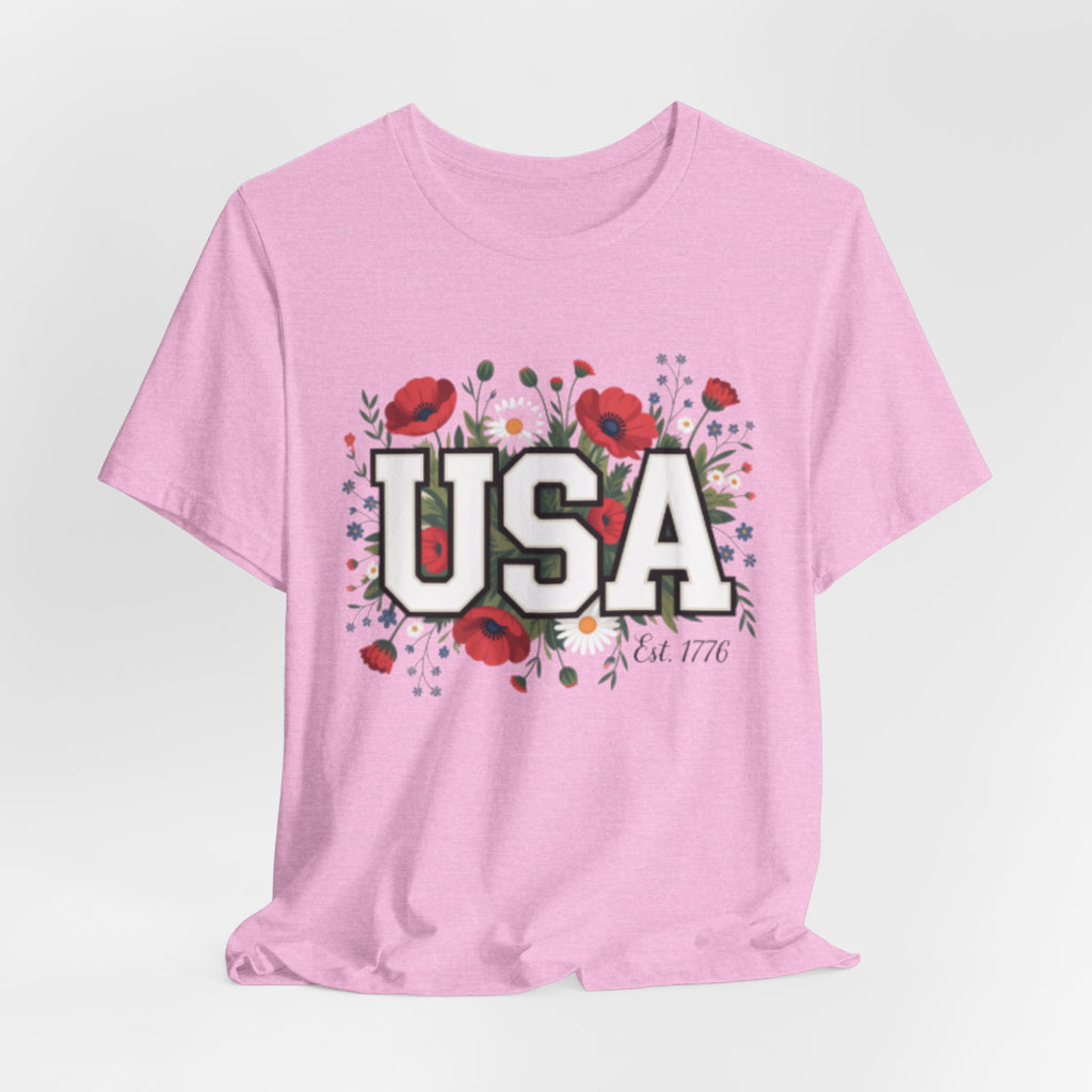 USA Floral Fourth of July Graphic Tee | Patriotic Poppy Design