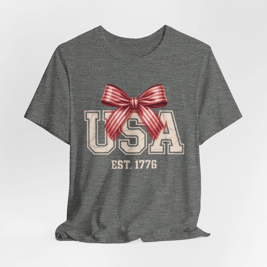 USA EST 1776 bow Fourth of July graphic Tee | Patriotic Fourth of July shirt