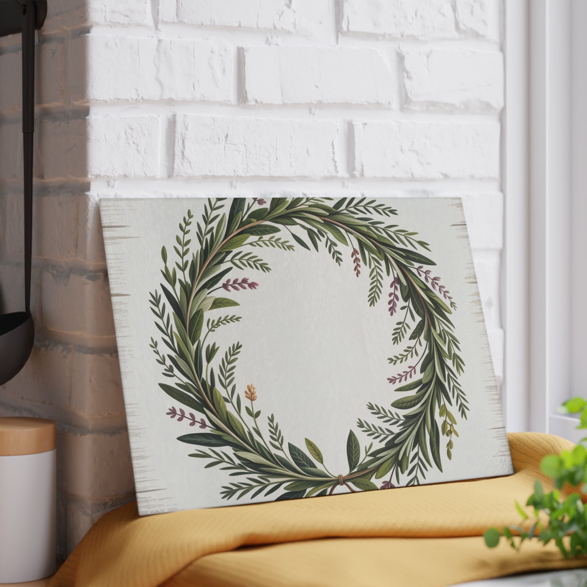 Green Laurel Wreath Glass Cutting Board | Botanical Kitchen Decor