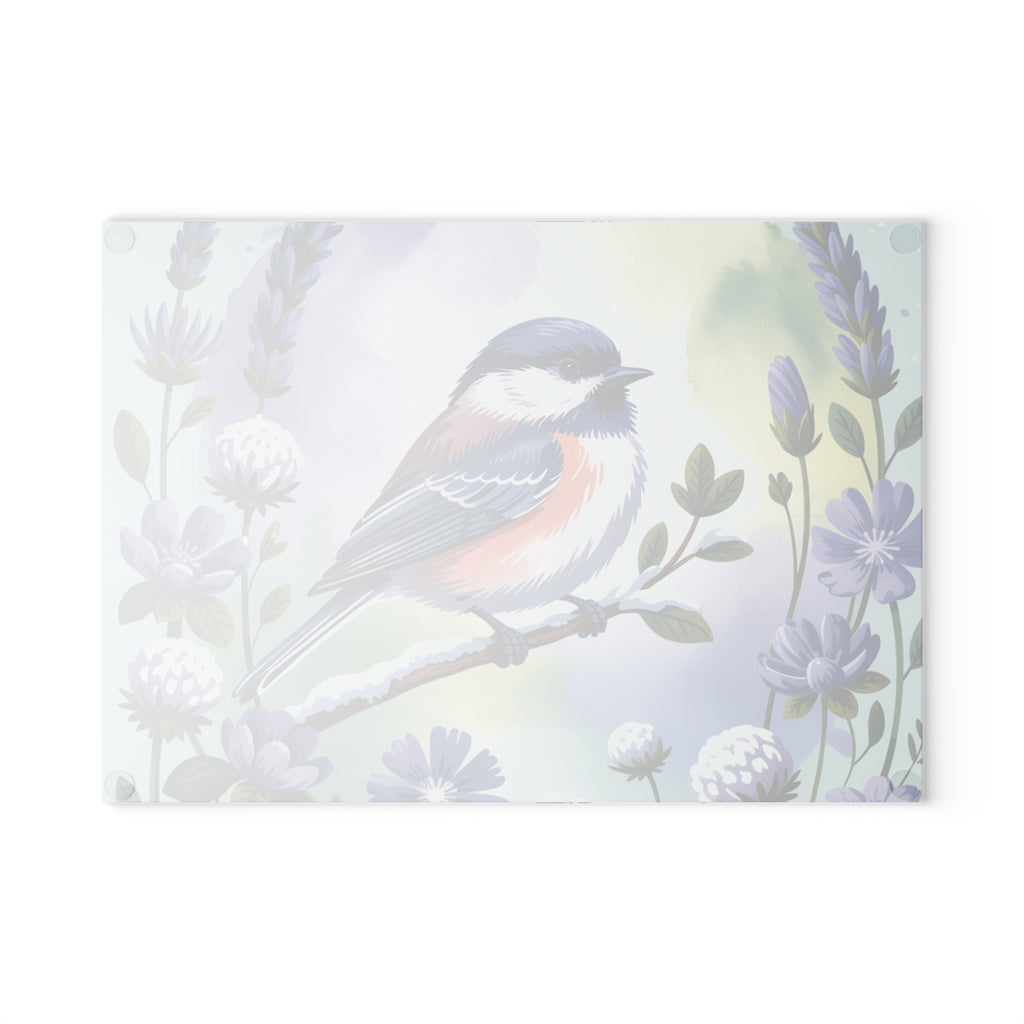 Chickadee Bird Illustration Glass Cutting Board | Floral Lavender Kitchen