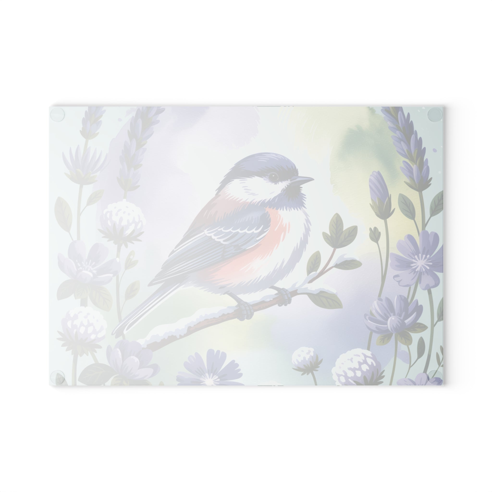 Chickadee Bird Illustration Glass Cutting Board | Floral Lavender Kitchen