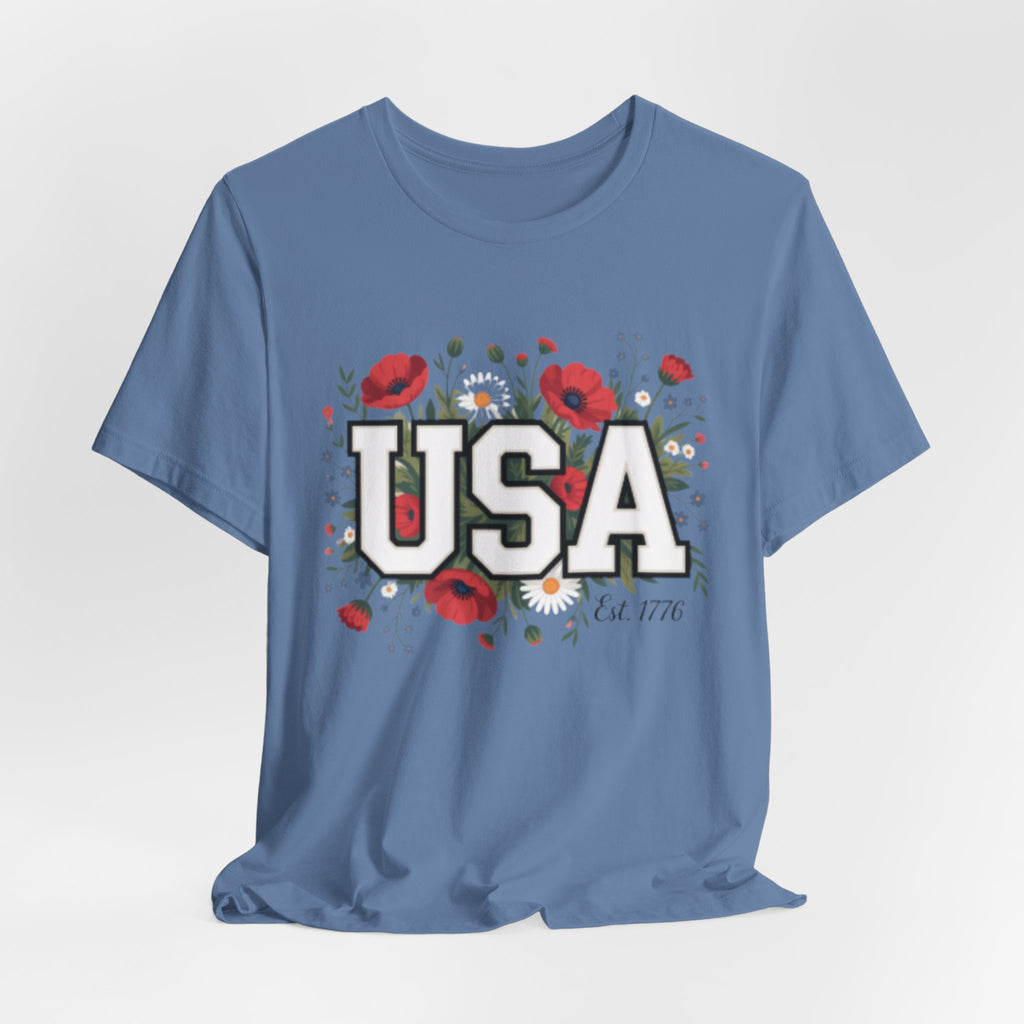 USA Floral Fourth of July Graphic Tee | Patriotic Poppy Design