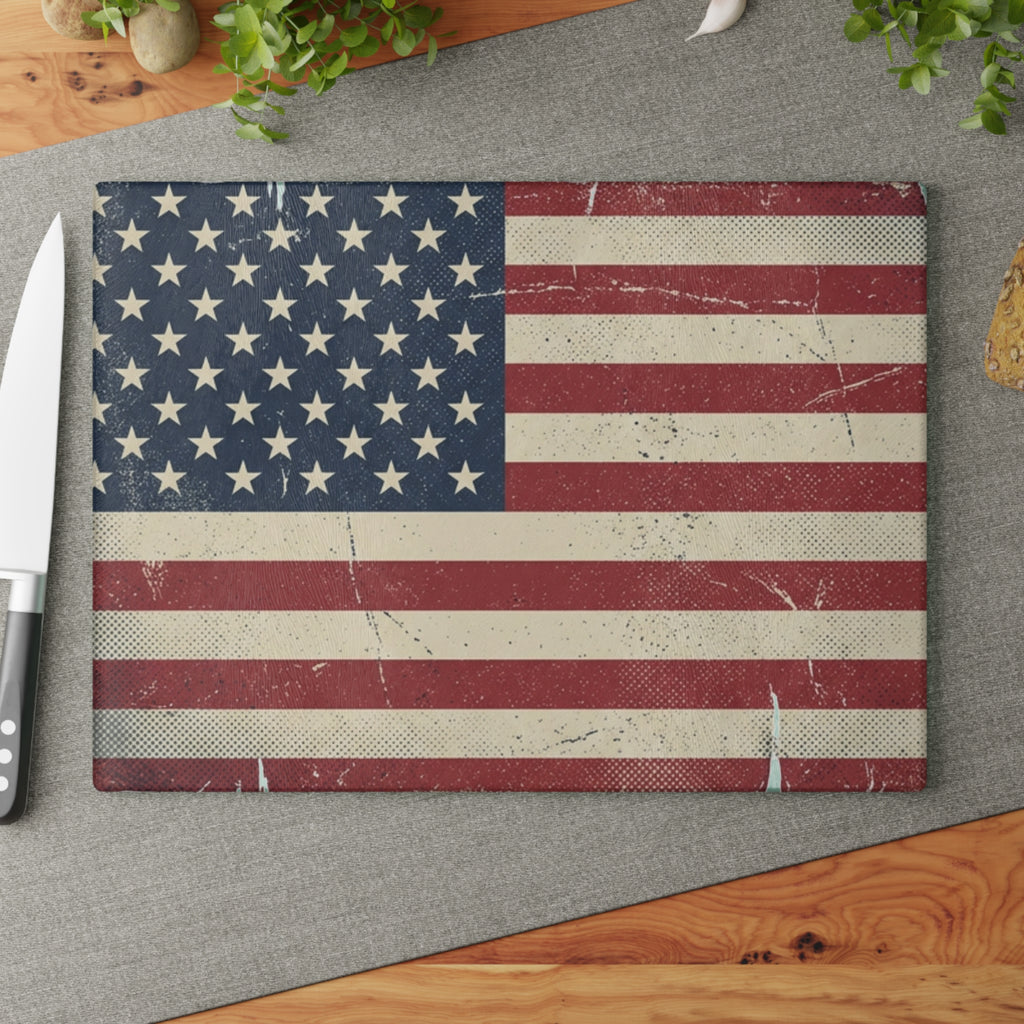Distressed American Flag Americana Glass Cutting Board | Patriotic Kitchen Decor