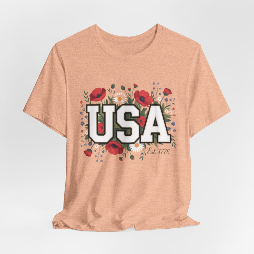 USA Floral Fourth of July Graphic Tee | Patriotic Poppy Design