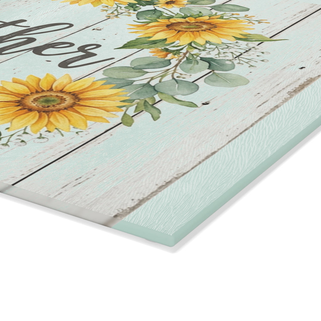 Sunflower Wreath Gather Glass Cutting Board | Farmhouse Kitchen Decor