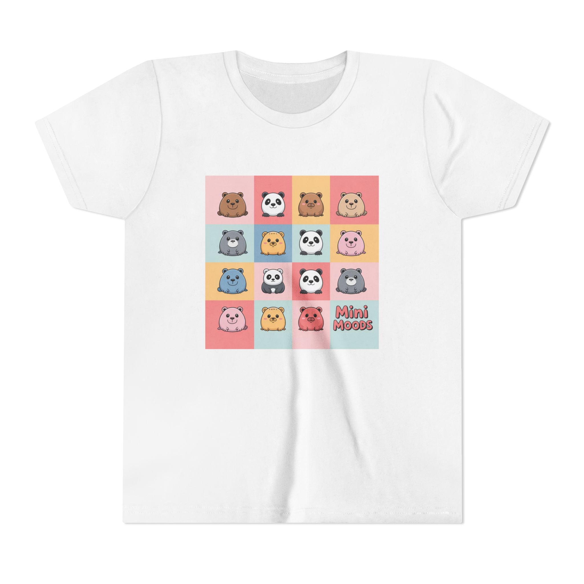 Kids Tee — Colorful Mini Paws Grid Shirt (Cute Animal Faces)