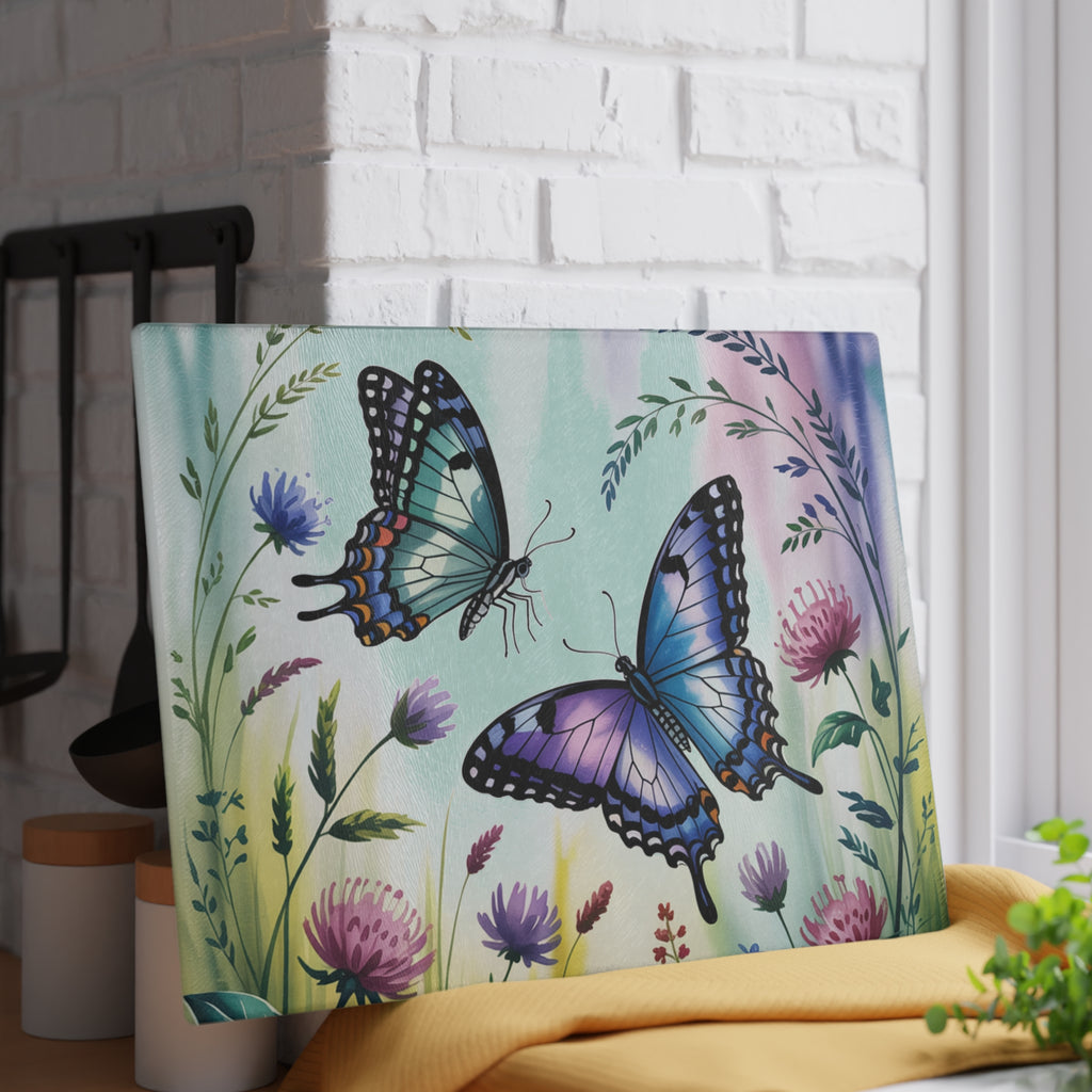 Blue Purple Butterflies Glass Cutting Board | Floral Meadow