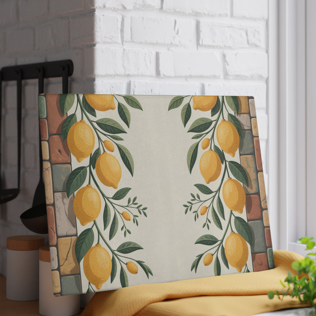 Lemon Vine Pattern Glass Cutting Board | Citrus Kitchen Decor
