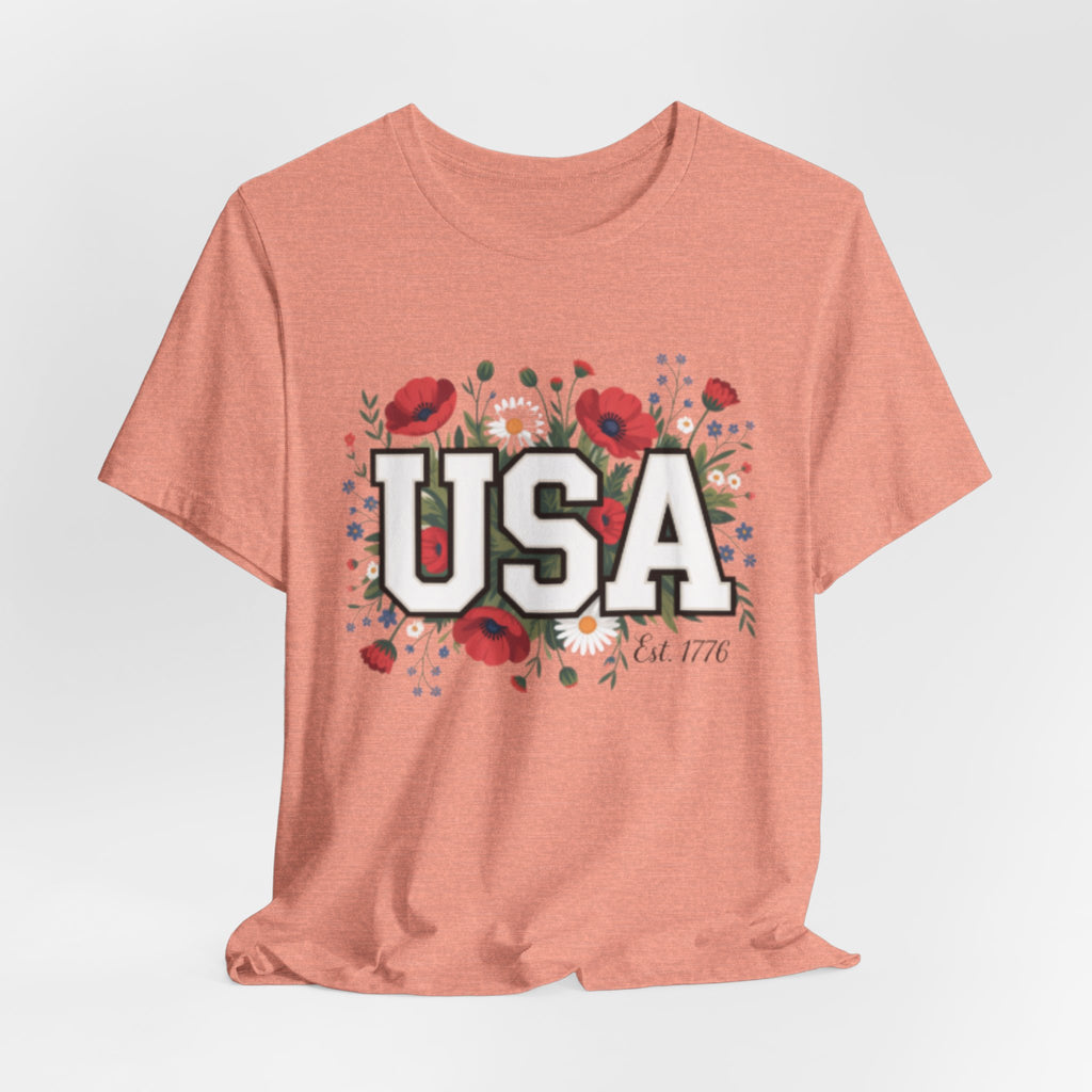 USA Floral Fourth of July Graphic Tee | Patriotic Poppy Design