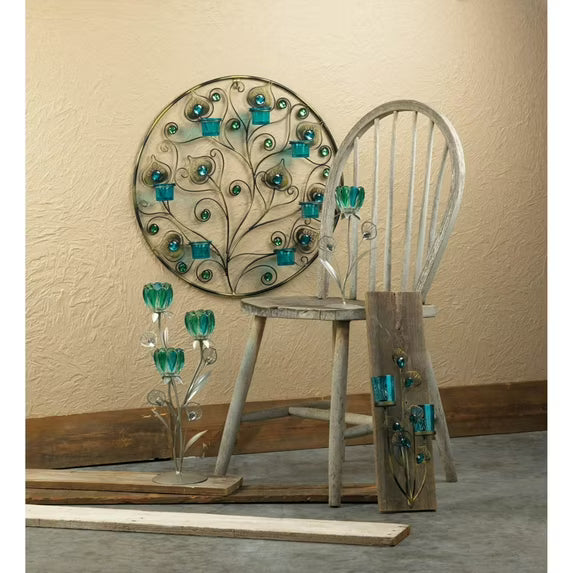 Peacock Plumes Circular Wall Sconce – Metal & Glass Candle Holder