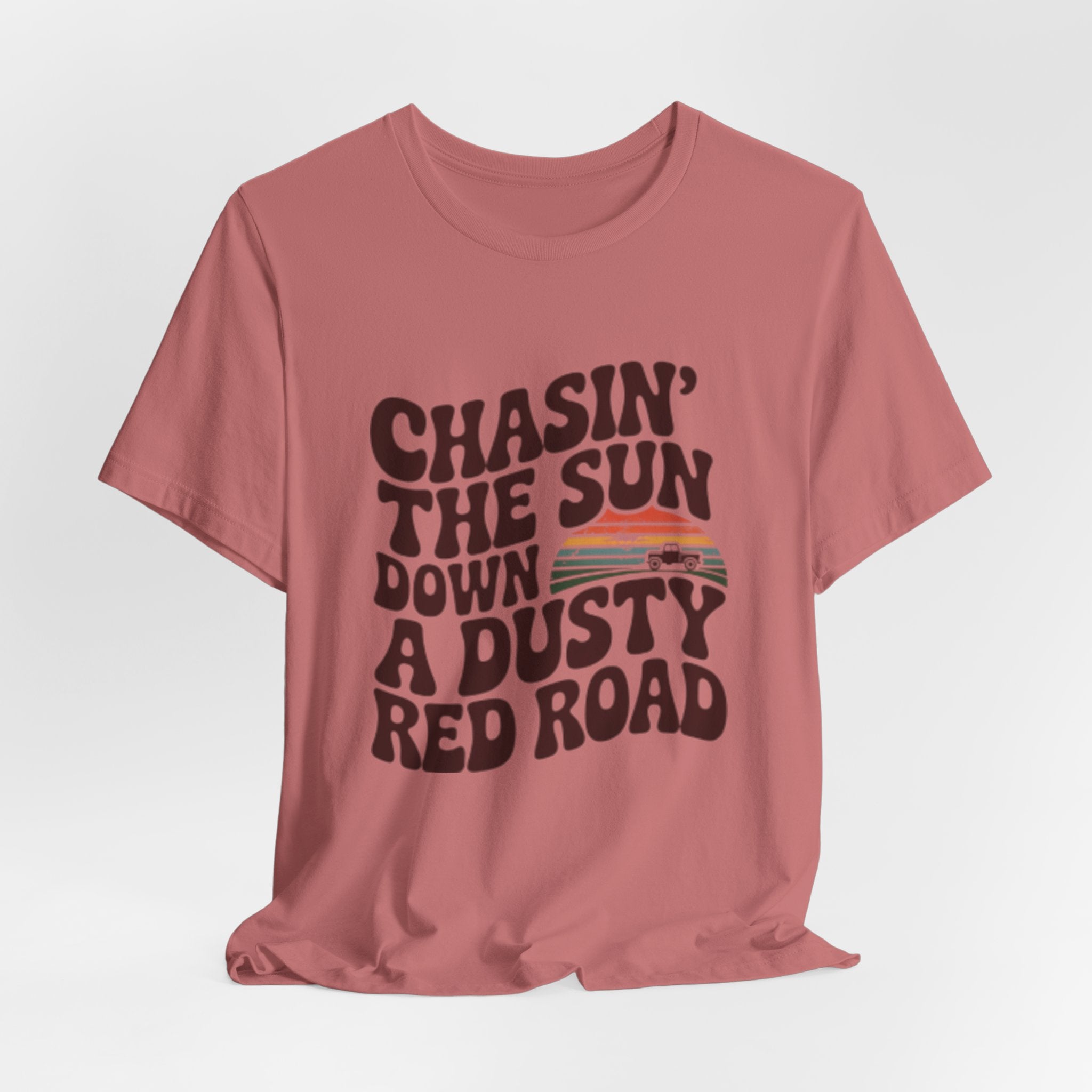 Retro 'Chasin' The Sun' Graphic Tee — Dusty Red Road Vintage Sunset T-Shirt