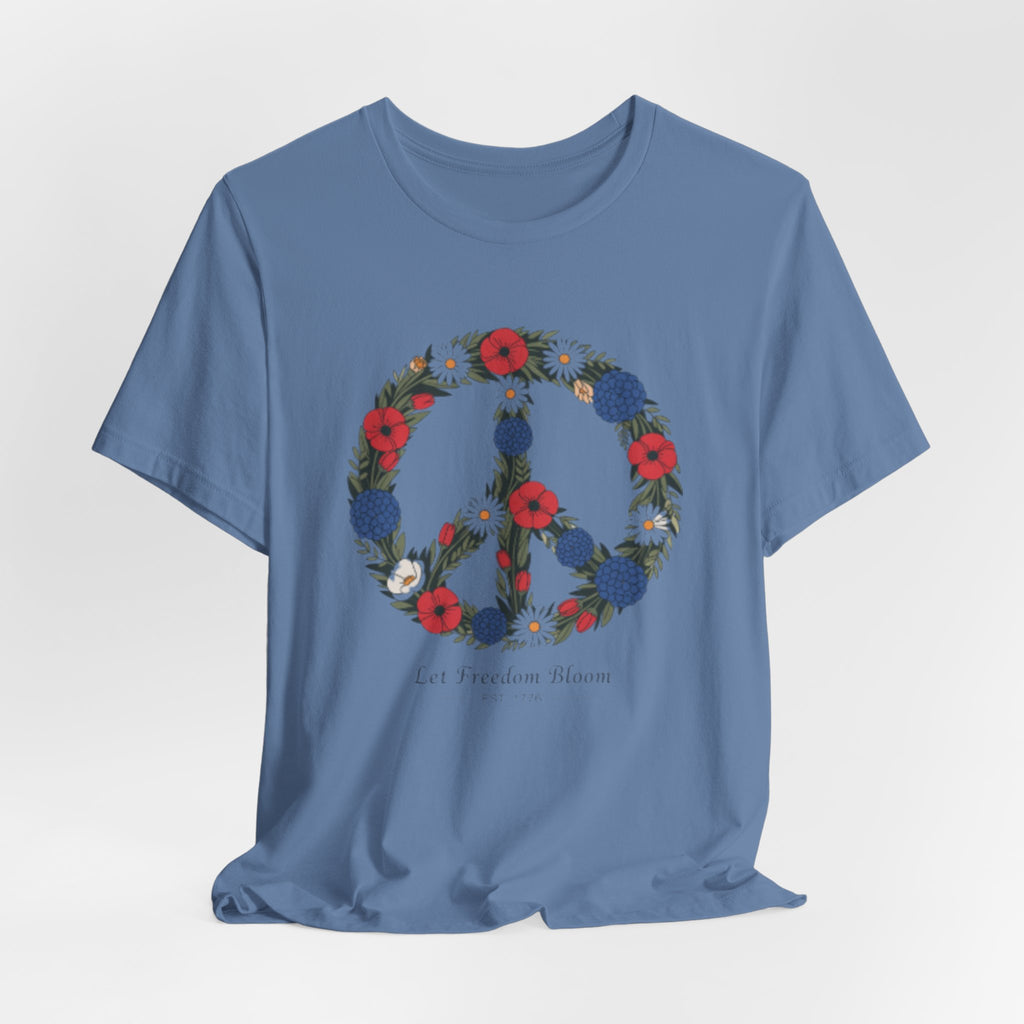 Floral Peace Sign Fourth of July T-Shirt | Red Blue flowers, Let Freedom Bloom