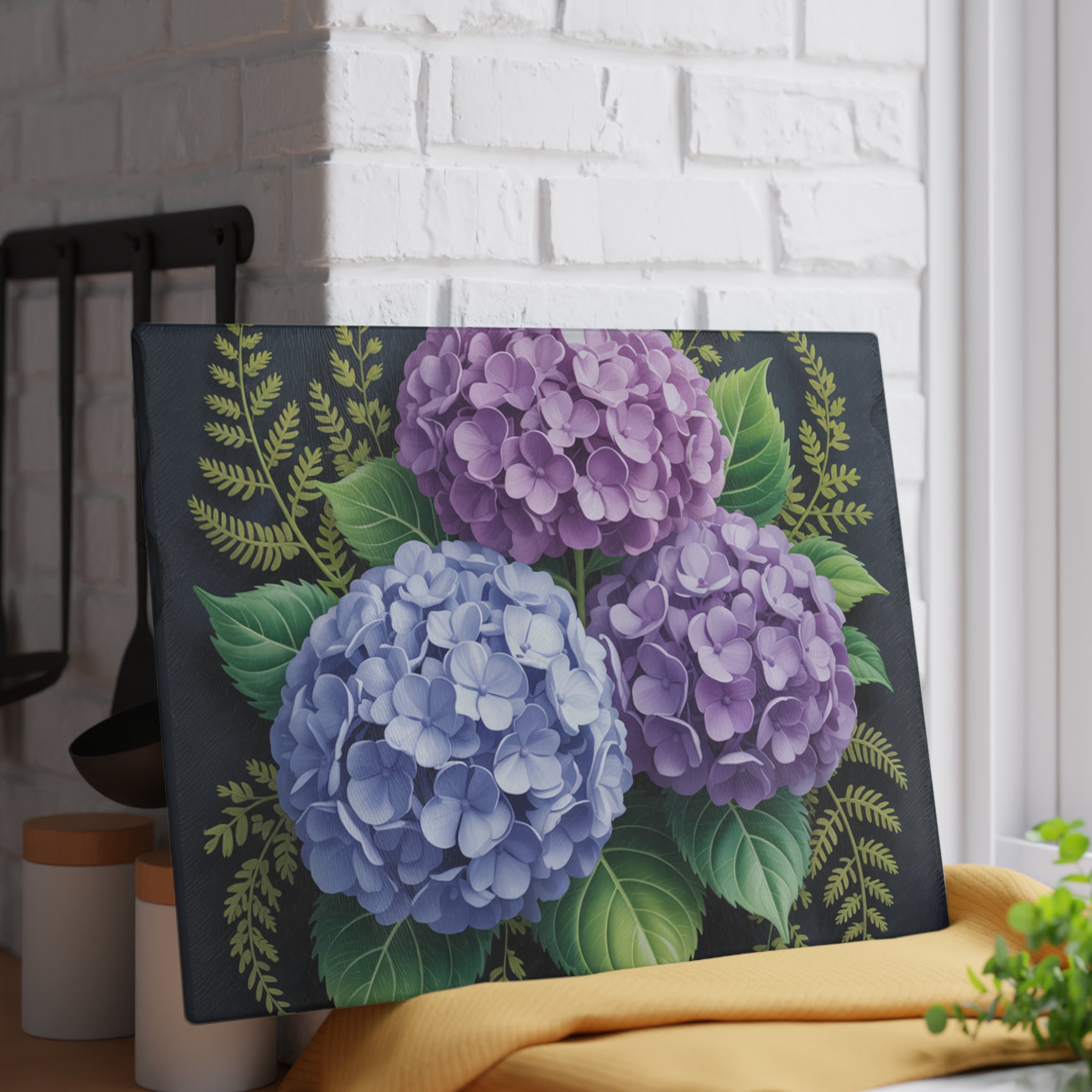 Hydrangea Bouquet Glass Cutting Board | Floral Kitchen Decor