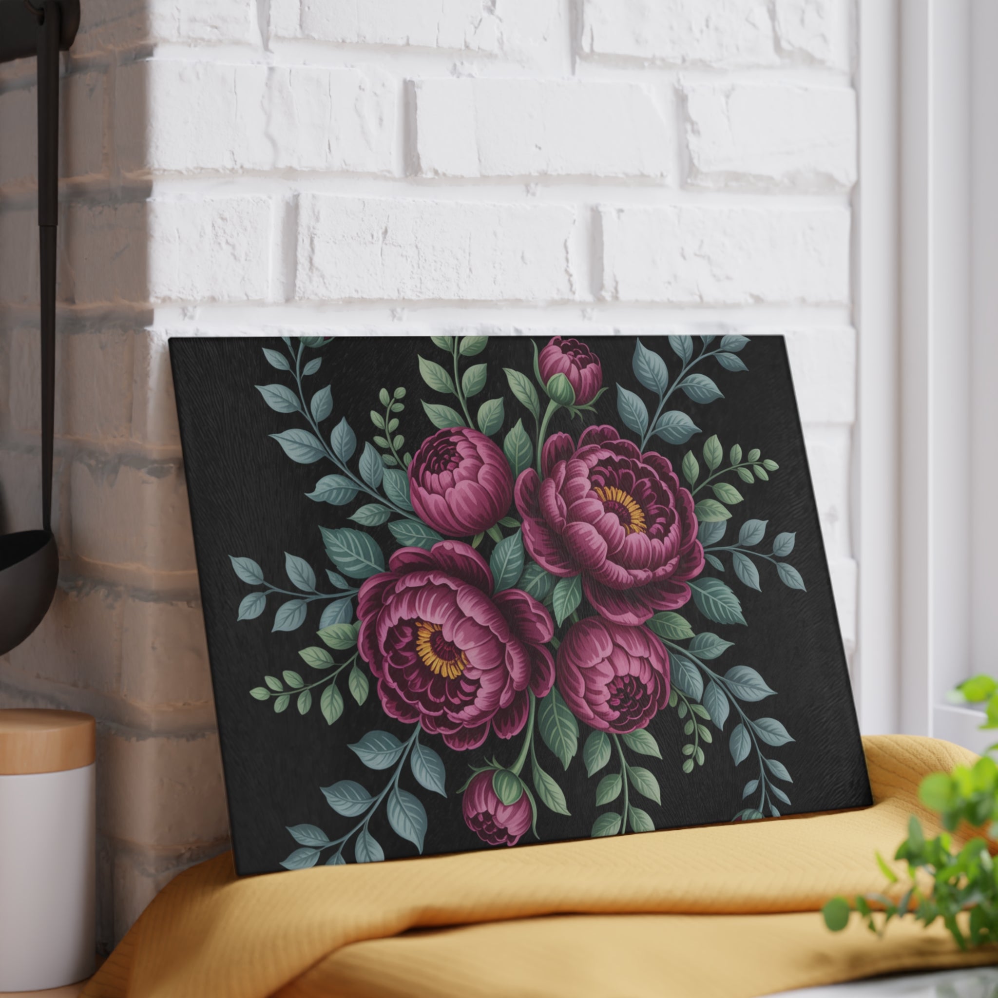 Pink Peony Bouquet Glass Cutting Board | Floral Kitchen Decor