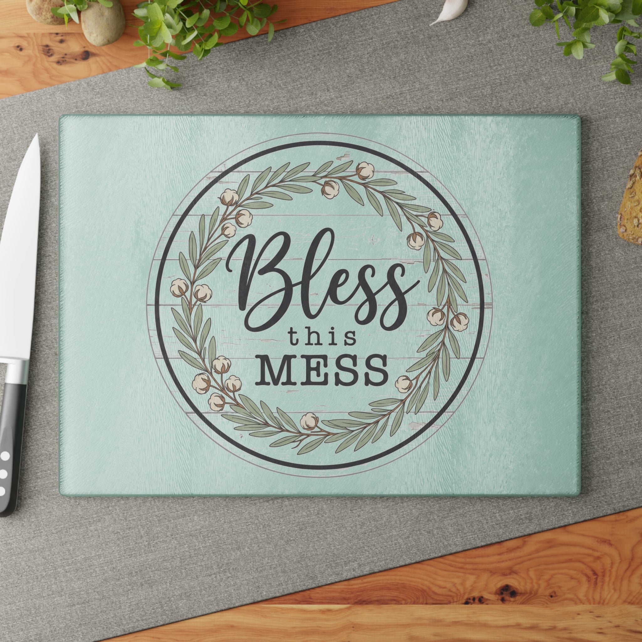 Bless This Mess Glass Cutting Board | Floral Wreath Kitchen Decor