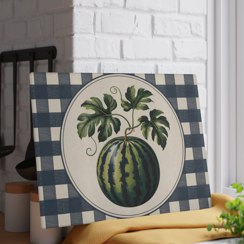Vintage Watermelon Illustration Glass Cutting Board | Buffalo Check