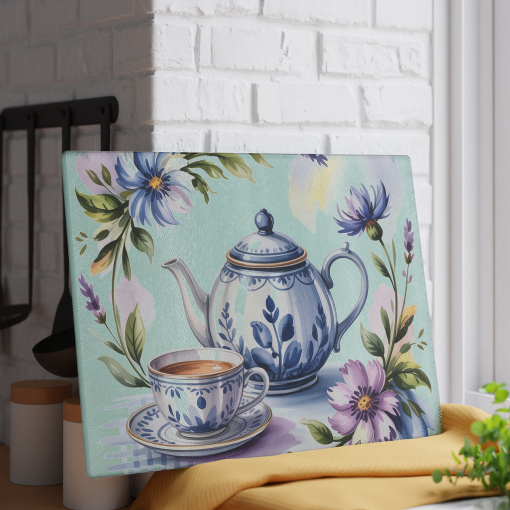 Blue Floral Teapot and Teacup Glass Cutting Board | Kitchen Decor