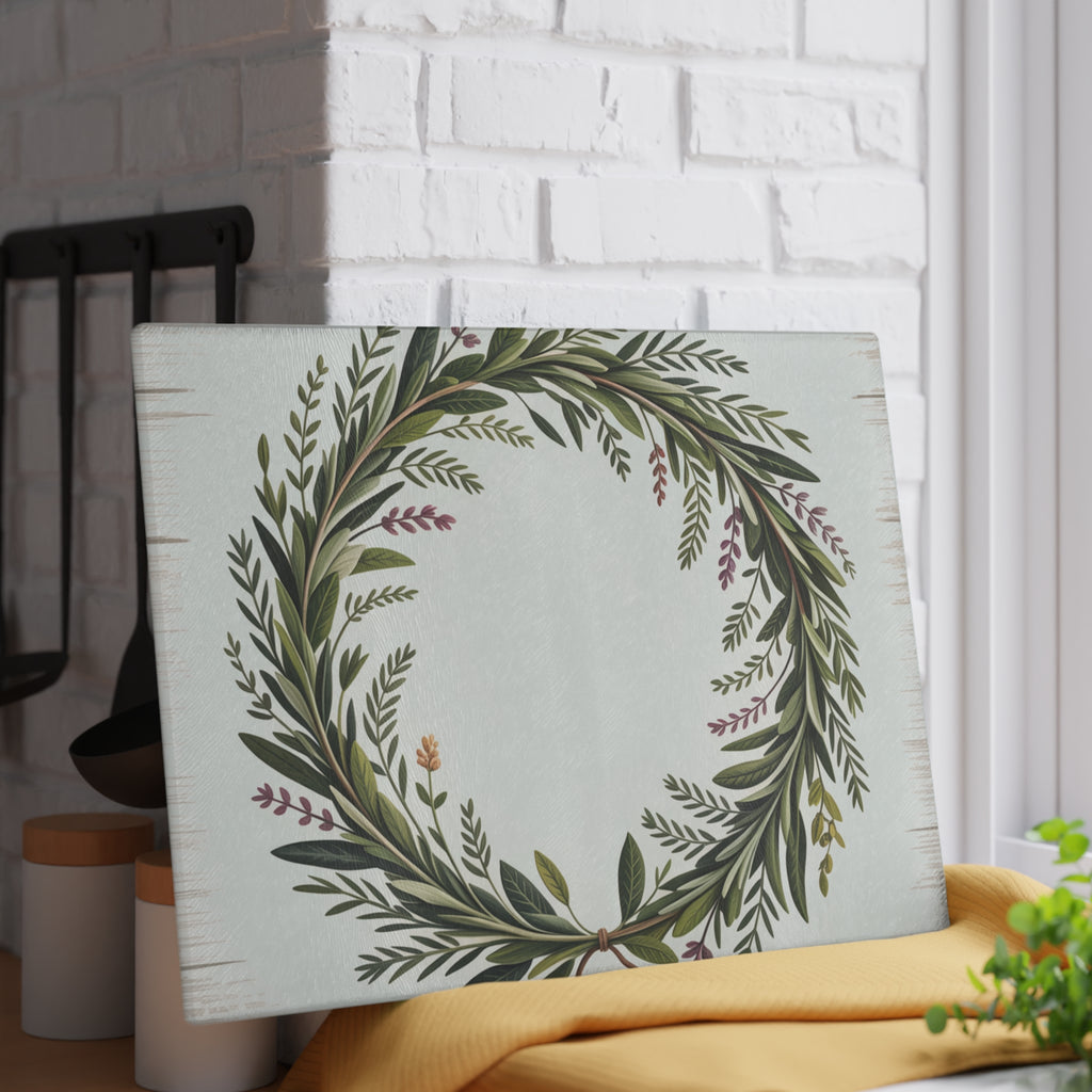 Green Laurel Wreath Glass Cutting Board | Botanical Kitchen Decor
